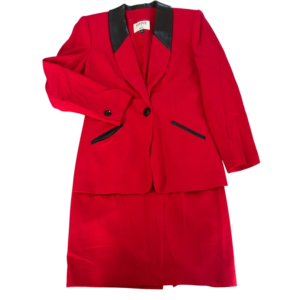 Kasper for ASL Red Wool Skirt Suit Set 6 Vintage Black Leather Trim Blazer Skirt